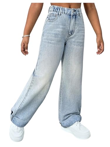 Floerns Girl's Casual Straight Leg Jeans Elastic Waist Streetwear Denim Pants