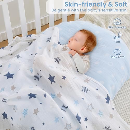 Image of Softan Muslin Swaddle Blankets for Baby Girl & Boy, 47X47In Receiving Blankets for Newborn, Swaddle Blanket Set Soft Silky & Breathable,Blue Rainbow and Five-Pointed Star, 4 Pack