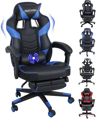 PULUOMIS Gaming Chair, Video Game Chairs for Adults with Footrest, Ergonomic Massage 150° Reclining Gaming Computer Desk Chair, PU Leather Office Chair for Home with Headrest Lumbar, Blue