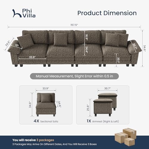 Image of PHI VILLA Cloud Modular Couches Sets, 157.5 inch Sectional Sofa with Upholstered Deep Seat, 4-Seater Long Couches for Living Room Apartment, Chenille Fabric, Smoky Grey