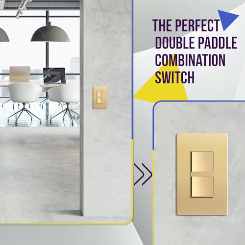 ENERLITES Elite Series Double Decorator Switch with Screwless Wall Plate, Combination Paddle Switch, Ground Terminal, Single Pole, Residential Grade, 15A 120V-277V, 62834-GDWP, Gold with Wall Plate