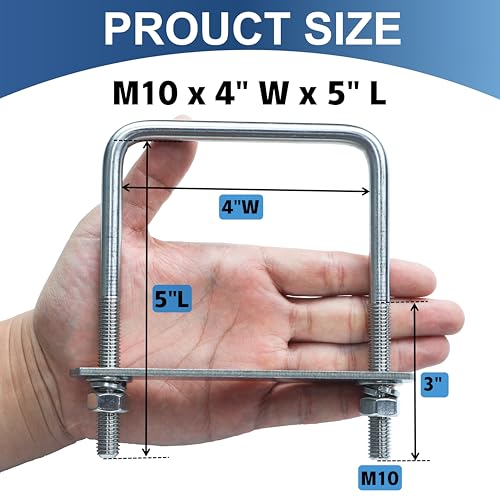 Image of 2 Pcs M10 Square U Bolts 4 Inch Wide, 3 /8 inch x 4 inchW x 5 inch L | 304 Stainless U Bolt Heavy Duty with Nuts, Bolt Plate and Washers,4 inch u bolt,Metric bolts