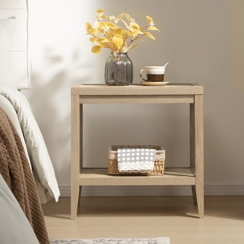 Image of SICOTAS Rattan Nightstand Bedside Table - Farmhouse Boho Narrow Accent End Table with 2 Open Rattan Shelves for Bedroom, Living Room, Small Spaces - Light Oak
