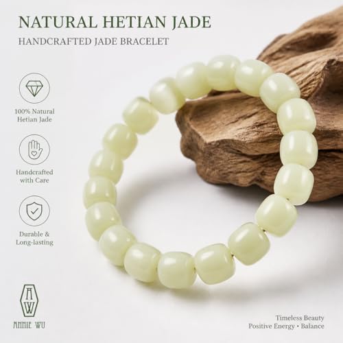 ANNIE WU Natural Hetian Jade Bracelet for Women, Handcrafted Smooth Jade Beads, Positive Energy & Inner Peace, Daily Wear Lucky Amulet, Timeless Minimalist Jewelry Gift Box Included (9.5mm, 18.4, Centimeters) — view 2