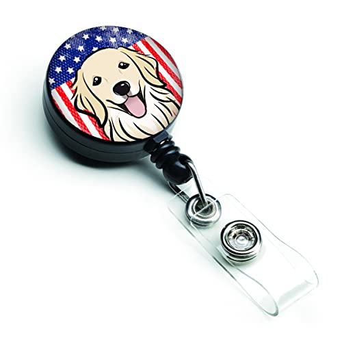 Caroline's Treasures BB2135BR American Flag and Golden Retriever Retractable Badge Reel for Nurses ID Badge Holder with Clip Retractable Employee Badge Holder, Belt Clip, Multicolor