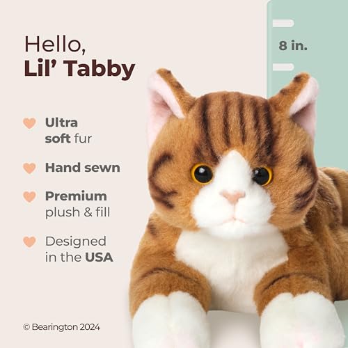 Image of Bearington Lil' Tabby Orange Cat Stuffed Animal - 8 inch Realistic Tabby Kitten Plush Toy with Soft Fur and Lifelike Details for Toddlers and Feline Lovers - Adorable Cuddly Gift for Kids