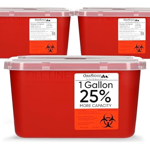 Oakridge Products Large Sharps Container for Home Use and Professional 1 Gallon (3-Pack), Biohazard Needle and Syringe Disposal, Pop Up Lid, CDC Certified Cover