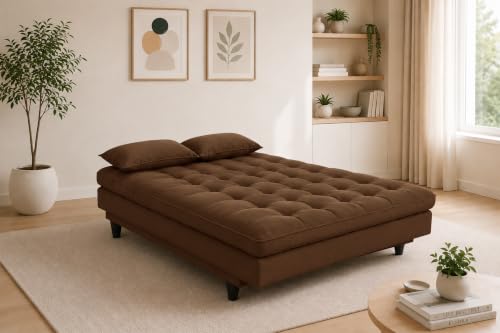 Image of 3-Seater Velvet Sofa Cum Bed | Tufted Convertible Sleeper Sofa | Plush Cushioned Seating | Space-Saving Design for Living Room, Bedroom & Office | Brown