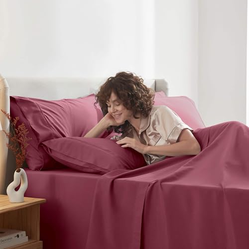 Image of Nestl Extra Deep Twin Sheet Set - 4 Piece Breathable & Cooling Sheets - Hotel Luxury Bedding Set w /18-24 Inch Deep Pockets - Easy & Secure Fit - Super Soft, Wrinkle Free & Comfy - Burgundy Red