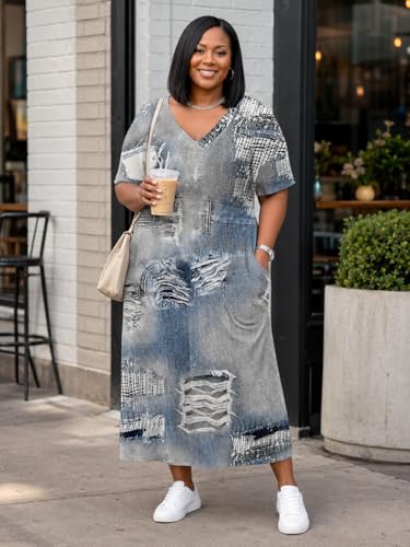Image of SUZONANA Plus Size Denim Print Maxi Dresses for Women Casual V Neck Short Sleeve with Pockets Soft Jean Look Dress XL-6XL