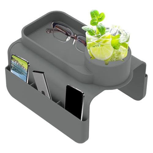 Silicone Couch Cup Holder, Sofa Armrest Tray with Dual Side Pockets, Armchair Cup Holder Tray, Anti Slip Couch Arm Organizer, Sofa Armrest Recliner Armchair Caddy for Drinks Snacks Remote Phone(Grey)
