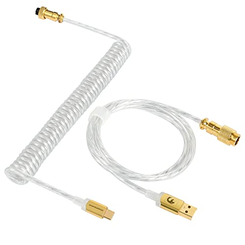 LexonElec Custom Transparent Coiled Keyboard Cable for Gaming Keyboard, Double-Sleeved Mechanical Keyboard Cable with Detachable Metal Aviator, 2.0M(0.66ft) USB-C to USB-A Keyboard Wire(Crystal)