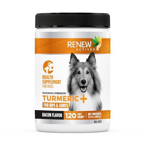 Renew Actives Organic Turmeric Joint Supplement for Dogs – Chewable Soft Treats for Hip, Joint & Cartilage Health – Natural Mobility & Wellness Support – 120 Count – Made in Canada