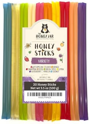 The Honey Jar Variety Pack Raw Honey Sticks - Pure Honey Straws For Tea, Coffee, or a Healthy Treat - One Teaspoon of Flavored Honey Per Stick - Made In The USA with Real Honey - (20 Count)