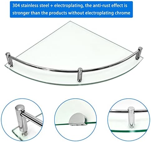 hagvot Bathroom Glass Corner Shelf, 2 Pack 24x24cm Wall Mounted Glass Shower Shelves, Sturdy Triangle Tempered Glass with SUS 304 Rustproof Mental Bracket and Rail