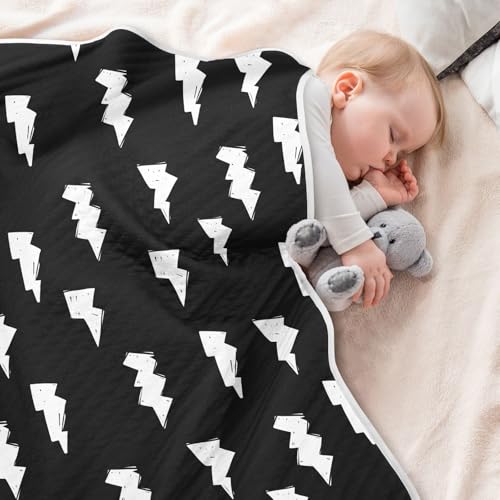 Image of Doodle White Lightning Bolt Baby Swaddle Blanket for Boys and Girls, Muslin Baby Receiving Swaddle Blanket, Soft Cotton Nursery Swaddling Blankets for Newborn Toddler Infant