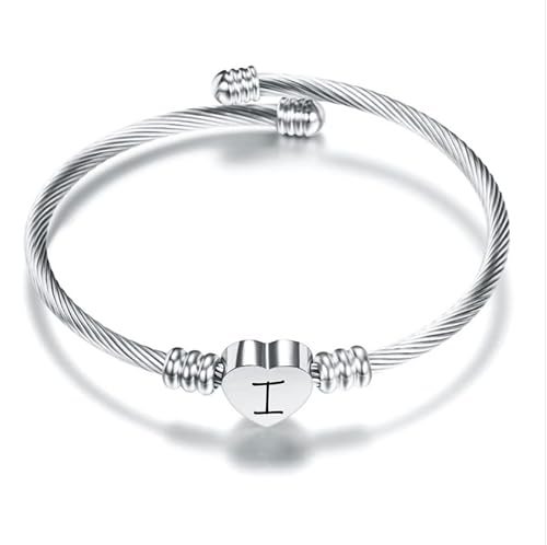 Suonie Plata Amor Corazón 26 Letra Inicial Alfabeto A-Z Pulsera Joyería Regalo Ajustable Para Hija Hijo Hermanas Amigos Madre Colega Amante Cumpleaños Navidad (I)