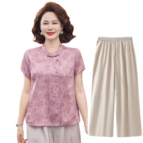 Conjunto de dos piezas de camiseta de manga corta estilo chino para mujer casual de negocios