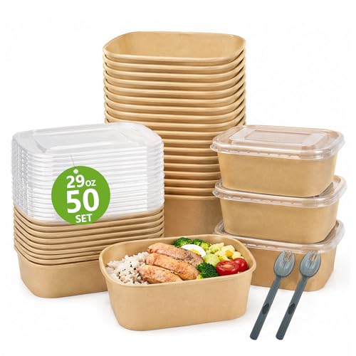 29oz 50-Pack Disposable Kraft Paper Bowls with Lids & Sporks (Fork+Spoon) Meal Prep Containers & To Go Food Containers for Restaurant Takeout Weekly Meal Prep Party Leftovers Microwave Safe