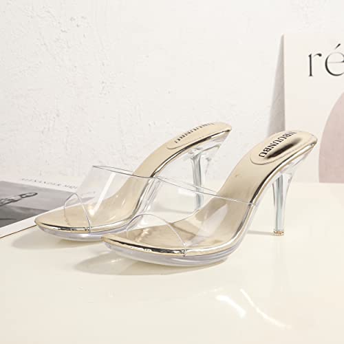 Image of NBUUNBU Silver Clear Heels For Women Dress Shoes Transparent Strap Sexy Stilletos Heels Open Toe High Silver Heeled Sandals Pump Mules