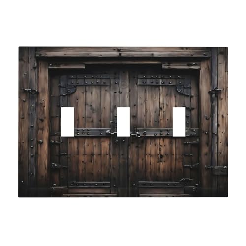Decorative Light Switch Cover Plate Retro Brown Wood Barn Door Vintage Farmhouse 3 Gang Wall Plate Oversized Triple Toggle Switch Cover Plate Jumbo Faceplate