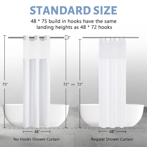 Image of Furlinic No Hook White Shower Curtain with Snap in Liner Waterproof 48x75