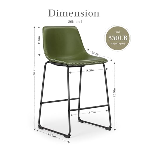 Image of DUMOS Bar Stools Set of 2, Faux Leather Counter Height Bar Chairs for Pub | 26 Inch Barstools with Back, Metal Legs, Footrest, Armless, Modern, Kitchen Island, Living Room, Cafe, Green