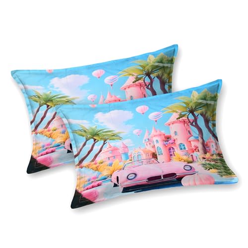 Image of Dream Weaverz 7D Bedsheet for Double Bed King Size with 2 Pillow Covers | Princess Castle & Pink Car Theme Digital Printed & Fitted Elastic for Kids | Glaze Cotton | Fits Upto 10 Inch Mattress