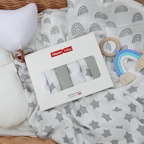 Image of GLLQUEN BABY Receiving Blanket Boy Cotton Muslin Swaddle Blankets Girl Newborn Squares Breathable & Soft Thin Baby Blankets Cloths Double Absorbent Infant Swaddling Wrap - 6 Pack (Star)