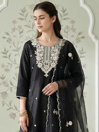 Image of INDO ERA Women's Cotton Blend Solid Straight Kurta with Pant & Dupatta Set