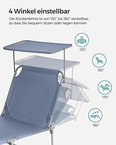 SONGMICS Sonnenliege, klappbarer Liegestuhl, 193 x 53 x 29 cm, trägt bis zu 150 kg, Sonnenschutz, Kopfkissen, verstellbare Rückenlehne, für Garten, Pool, Terrasse, blau GCB192Q01