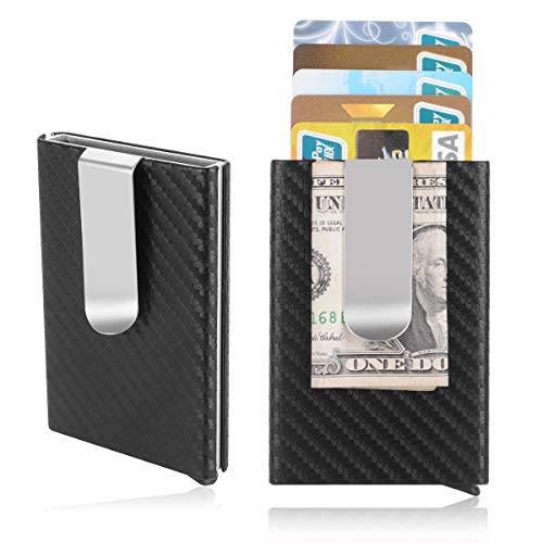 Men Credit Card Holder, Metal Money Clip,Carbon Fiber Leather Slim Wallets for Men, Mens RFID Blocking Auto Pop up Front Pocket Small Card Case Wallet ( black)