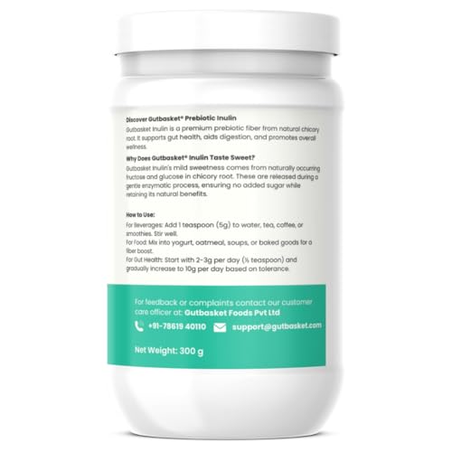 Image of Gutbasket Pure Inulin Powder (300g) - Prebiotic Fiber for Gut Health & Digestive Wellness - Vegan, Non-GMO, Gluten-Free - Perfect for Smoothies, Coffee, and Baking