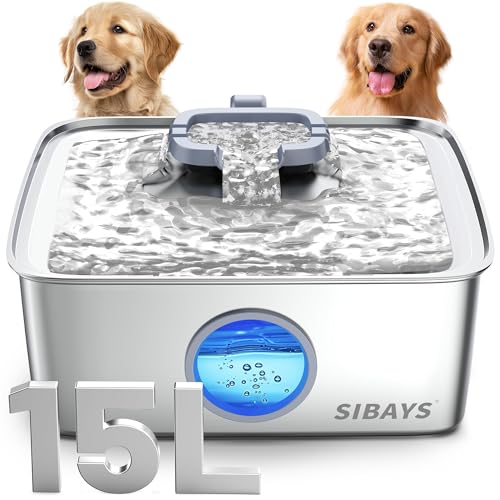 SIBAYS 4Gal/15L Dog Water Fountain Stainless Steel Large Capacity Pet Water Fountain with Water Level LED Light Automatic Quiet Dog Water Bowl Dispenser for Large Dogs & Multi-Pet Easy to Clean FS79