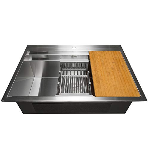 AKDY Handmade Workstation Ledge 33-inch Topmount Kitchen Sink Single Bowl in Stainless Steel 33" x 22" x 9" with Drying Rack & Cutting Board