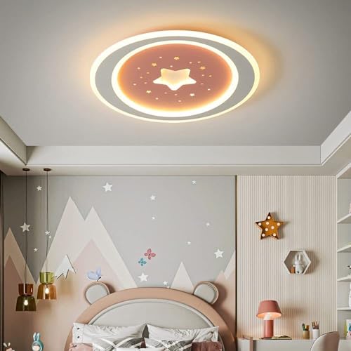 Ultra Thin Girl's Bedroom Ceiling Lamp Dimmable Close to Ceiling Light Fixtures, Metal Chandeliers Hollow Design Star Lighting Fixture for Kids Room Nursery, 3-Color Light Change Mode(Pink,34W)