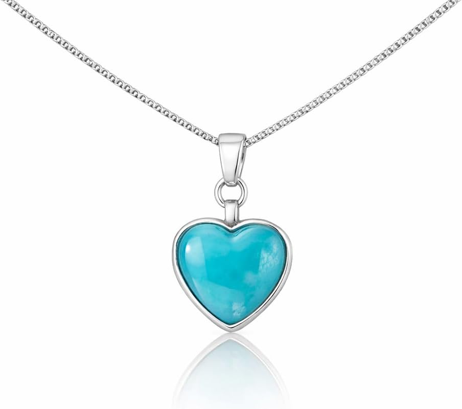 Genuine Larimar Jewelry – Heart Pendant Necklace in 925 Sterling Silver – Handmade Caribbean Gemstone – Ideal Christmas Gift for Women
