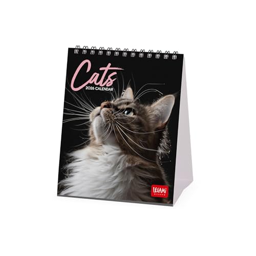 Legami - Legami - Calendrier de table 2026, cats, calendrier de bureau, 12 mois et planificateur annuel, en 6 langues, signes du zodiaque, jours fériés internationaux, 12 x 14,5 cm