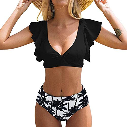 HIRIRI Women High Waist Bikini Push Up Bikinis Print Swimsuit Two Piece Ruffle Beachwear Swimwear Set Black