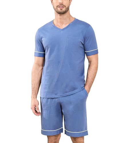 COLORFULLEAF 100% Cotton Mens Pajamas Set Short Sleeve V Neck Sleepwear Shorts Pjs Set with Pockets 2 Piece Loungewear