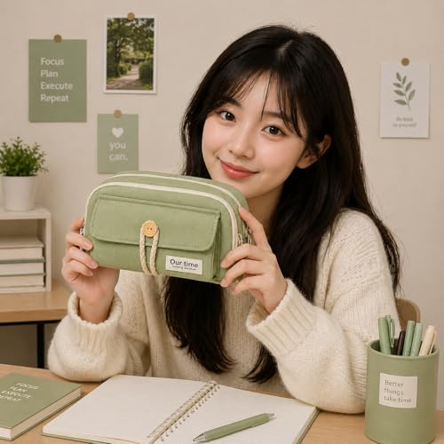 Image of Kawaii Cute Aesthetic Pencil Case for Girls & Boys | 3 Layer 6 Compartment Large Capacity Pencil Pouch with Zipper | Cartoon Stationery Organizer Bag for Students & Kids (Green)