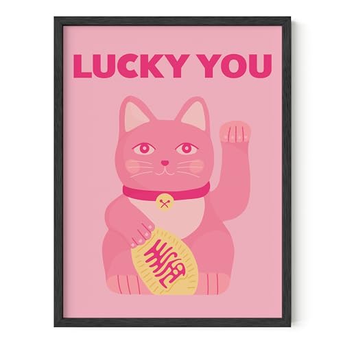 HAUS AND HUES Pink Cat Wall Art - Lucky You Japanese Anime Cat Poster, Pink Aesthetic Art for Bedroom, Dorm, or Office Decor, 12x16 Unframed