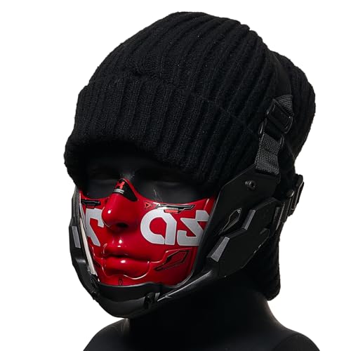 OIVZFZ Cyber Punk Half Face Mask Futuristic Mechanical Sci-Fi Mask Cosplay Halloween Costume Prop (Red)