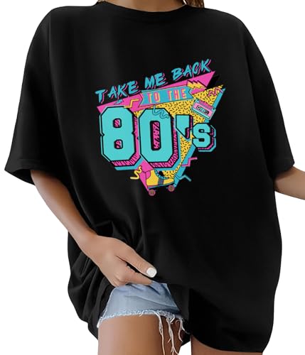 Lonya T Shirt Damen Oversized Vintage Rundhals Kurzarm 80er Jahre Brief Gedruckt Sommer Bluse Baumwolle Oberteile Tops Retro 80s Casual Lockere Basic Tee Shirt, F-Schwarz, XL