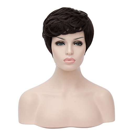 28CM 11" Women's Short Curly Wave Full Hair Wigs with Side Bangs for Daily Use (Black Brown)