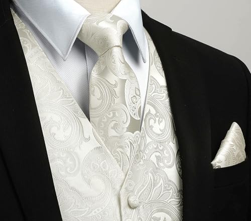 Image of HISDERN Mens Vest Tie Set 3PC Formal Waistcoat Paisley Floral Jacquard Necktie Pocket Square Suit Vests Wedding Party