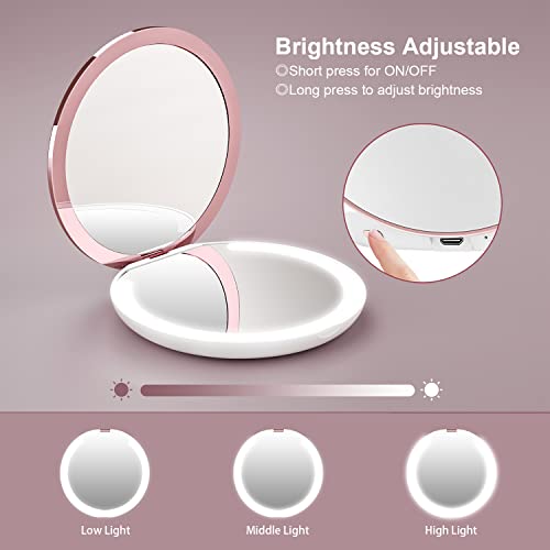 Kostlich Travel Makeup Mirror With Led Lights, 1X/7X Magnifying Compact Mirror 4.7 Inch, Folding, Rechargeable Handheld 2-Sided Pocket Mirror, Portable For Handbag Purse #TOP2