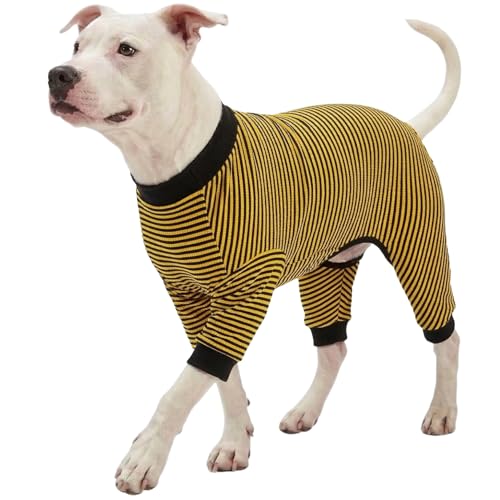LovinPet Dog PJS Clothes for Giant Dogs, Pitbull Pure Cotton Yellow and Black Stripe Dog Shirt, 4-Legged Design, Full Body Coverage, Pajamas for Pitbulls, Onesies for Dogs, XL