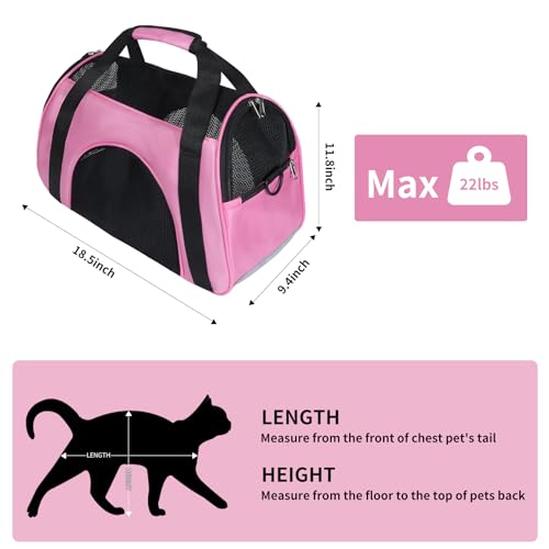 Soft Sided Comfort Cat Carrier,Portable Foldable Pet Travel Carriers Bag For Puppy/Dog With Shoulder Strap & Removable Mat,Durable Cats Basket Airline Approved(Pink,M)