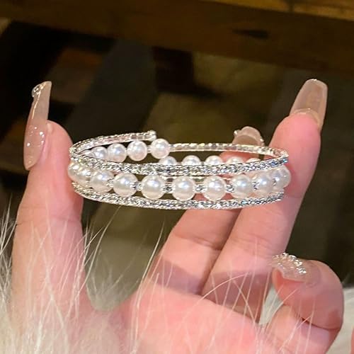 Pearl Stretch Cuff Bracelet for Women Adjustable Multilaye Rhinestone Crystal Bracelet Wedding Party Brides Bridesmaid Jewelry3